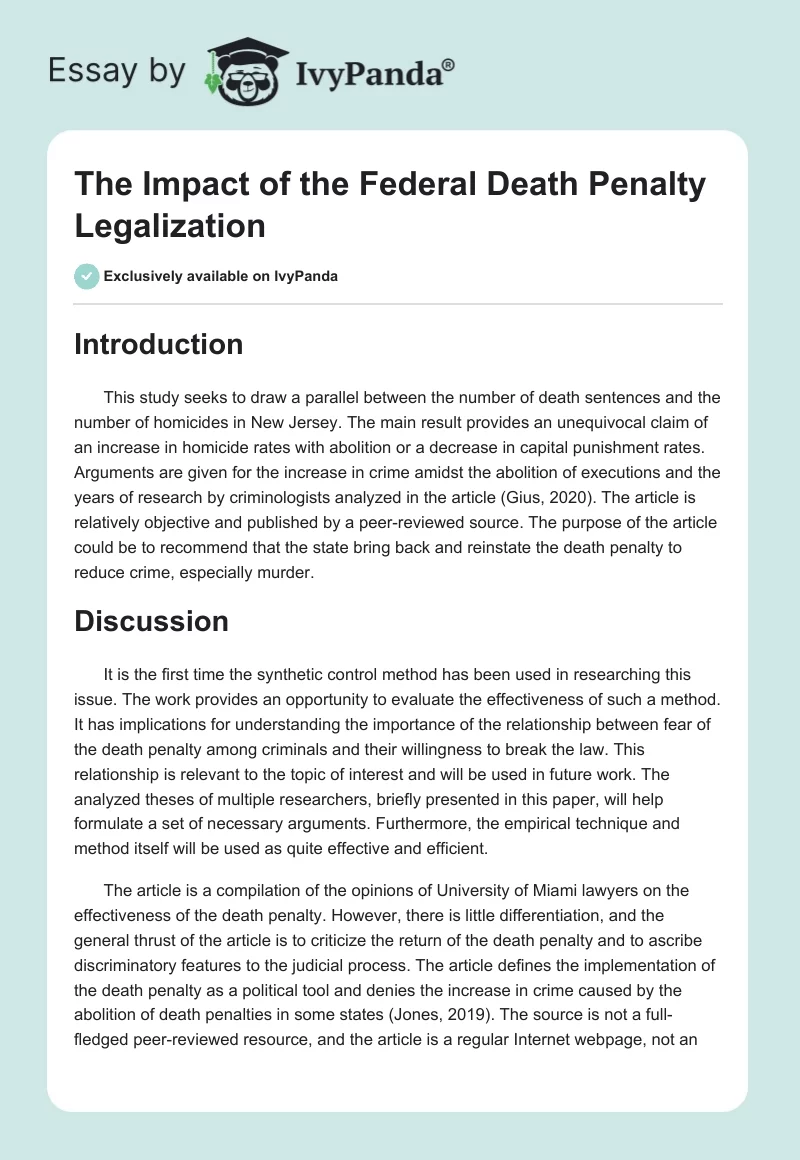The Impact of the Federal Death Penalty Legalization. Page 1