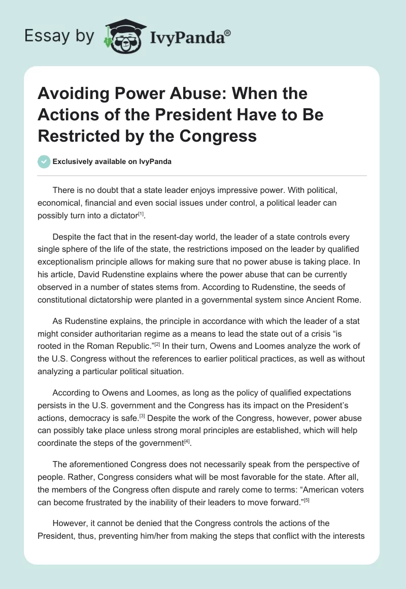 Avoiding Power Abuse: When the Actions of the President Have to Be Restricted by the Congress. Page 1