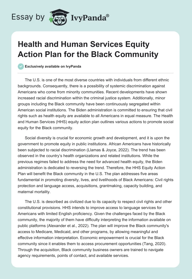 Health and Human Services Equity Action Plan for the Black Community. Page 1