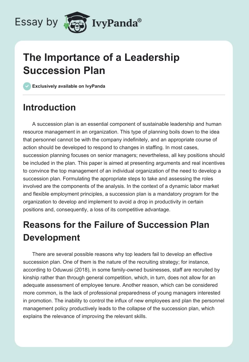 The Importance of a Leadership Succession Plan. Page 1