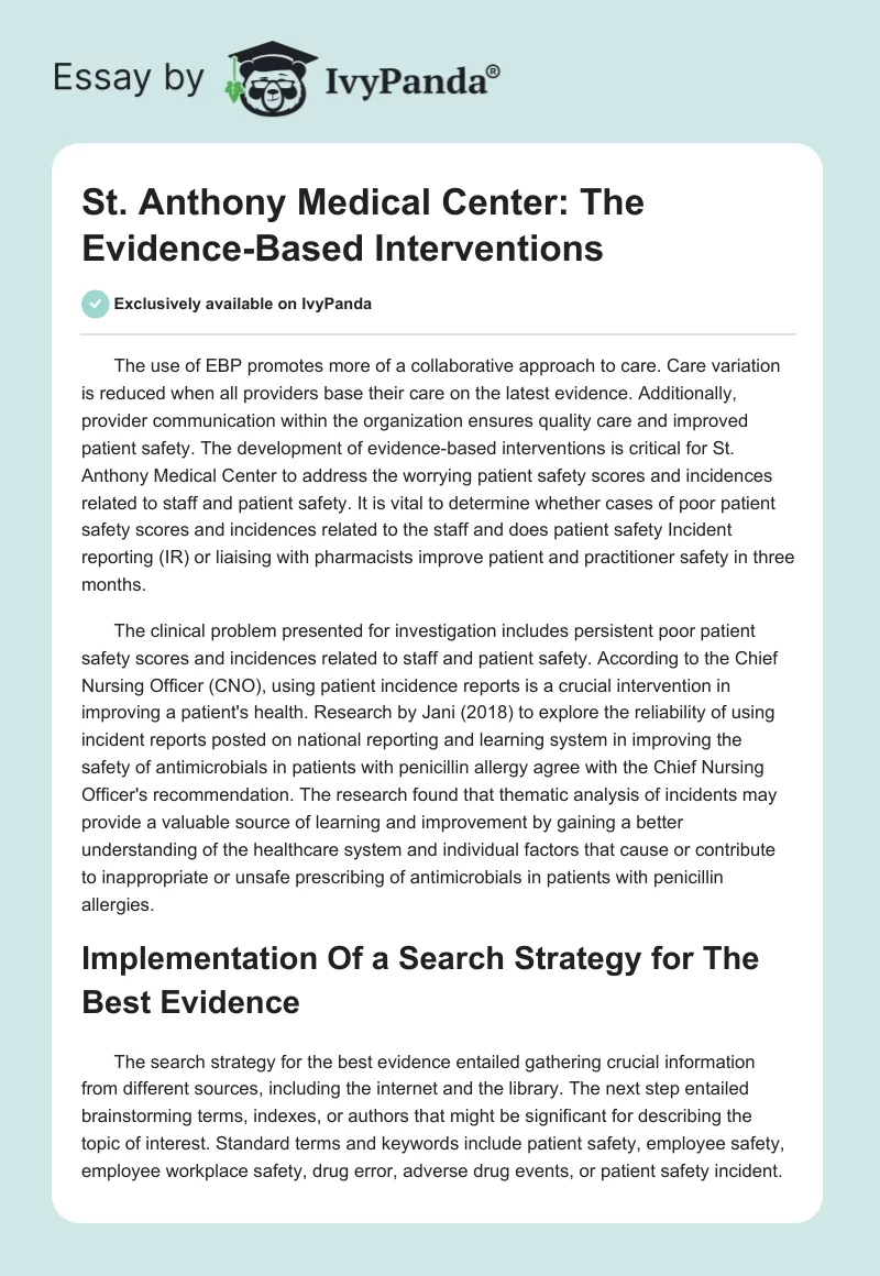 St. Anthony Medical Center: The Evidence-Based Interventions. Page 1