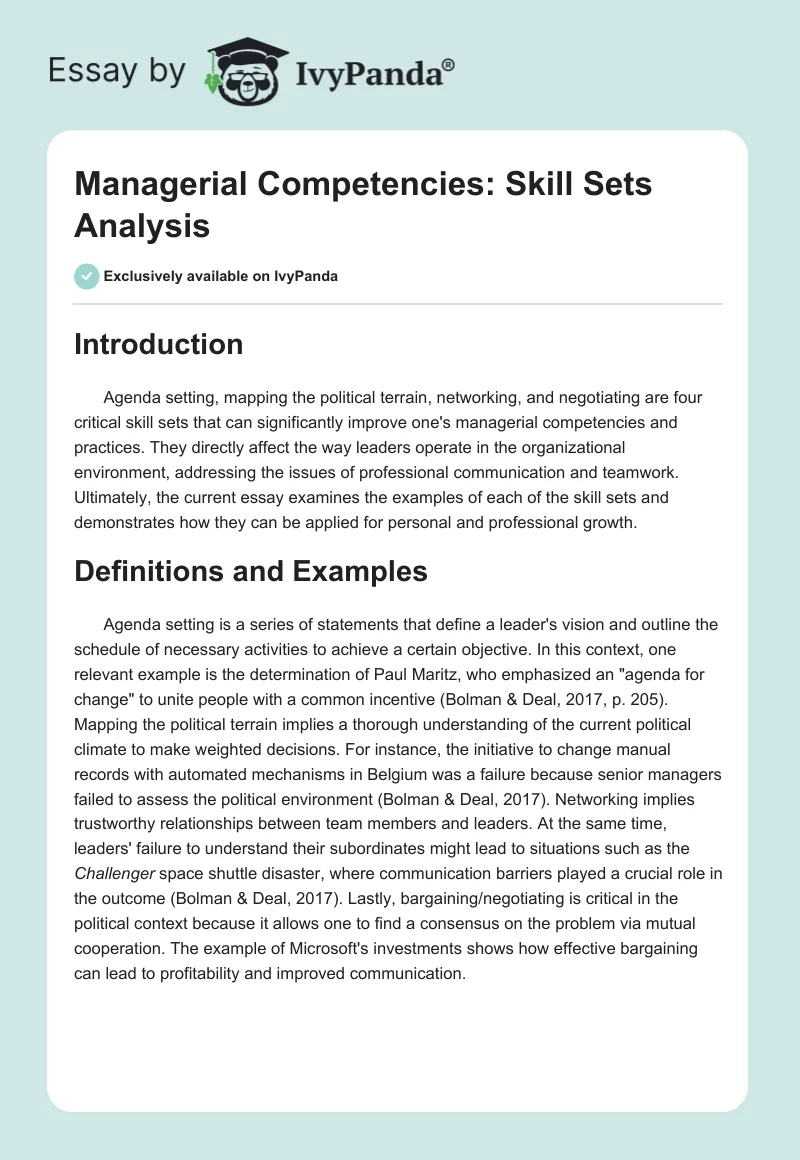 Managerial Competencies: Skill Sets Analysis. Page 1
