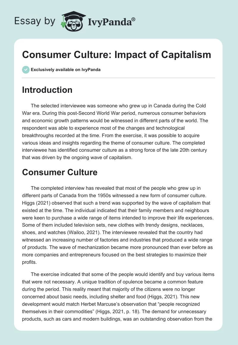 Consumer Culture: Impact of Capitalism. Page 1