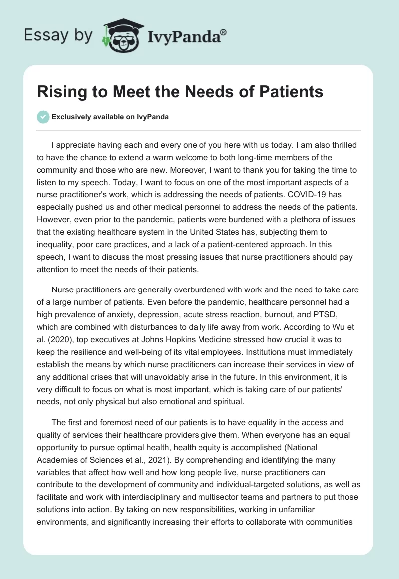 Rising to Meet the Needs of Patients. Page 1