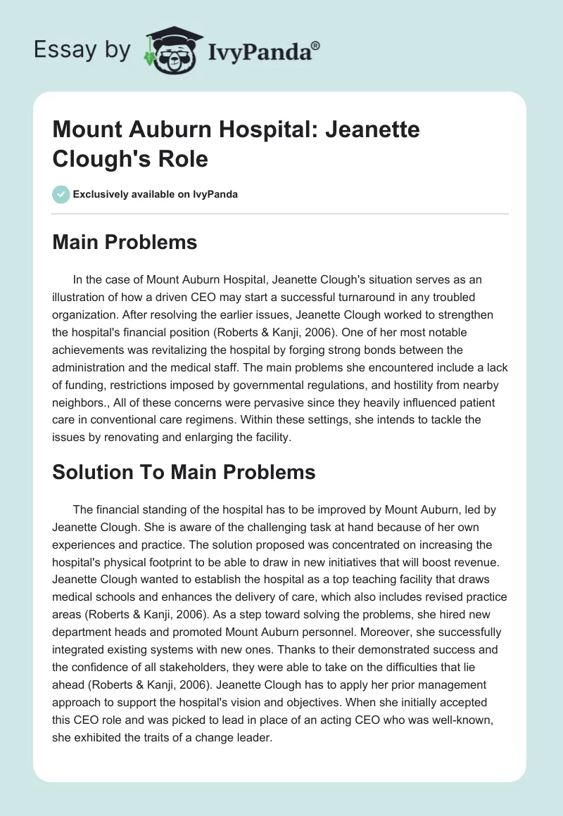 Mount Auburn Hospital: Jeanette Clough's Role. Page 1