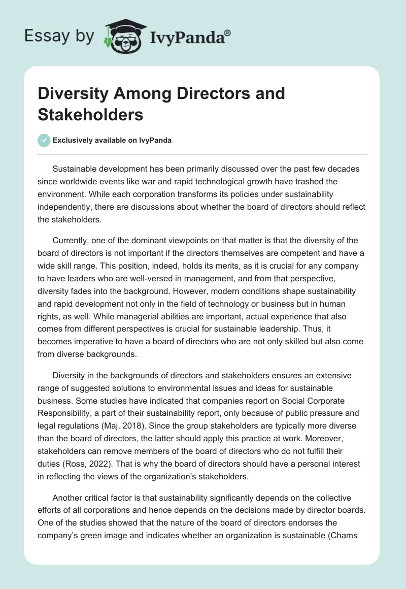 Diversity Among Directors and Stakeholders. Page 1