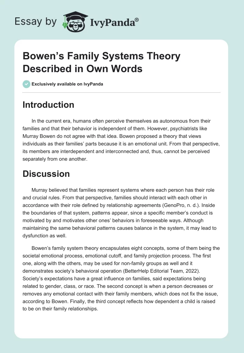 Bowen’s Family Systems Theory Described in Own Words. Page 1