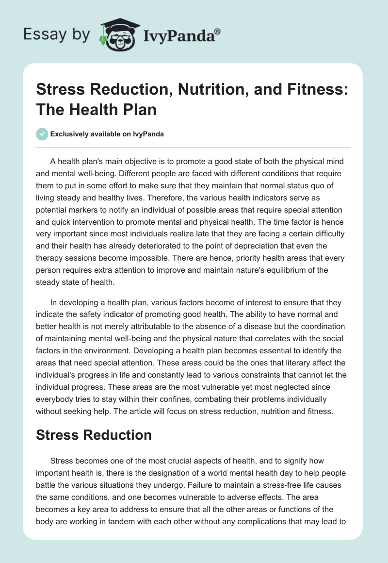 Stress Reduction, Nutrition, and Fitness: The Health Plan. Page 1