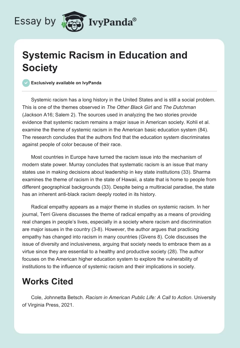 Systemic Racism in Education and Society. Page 1