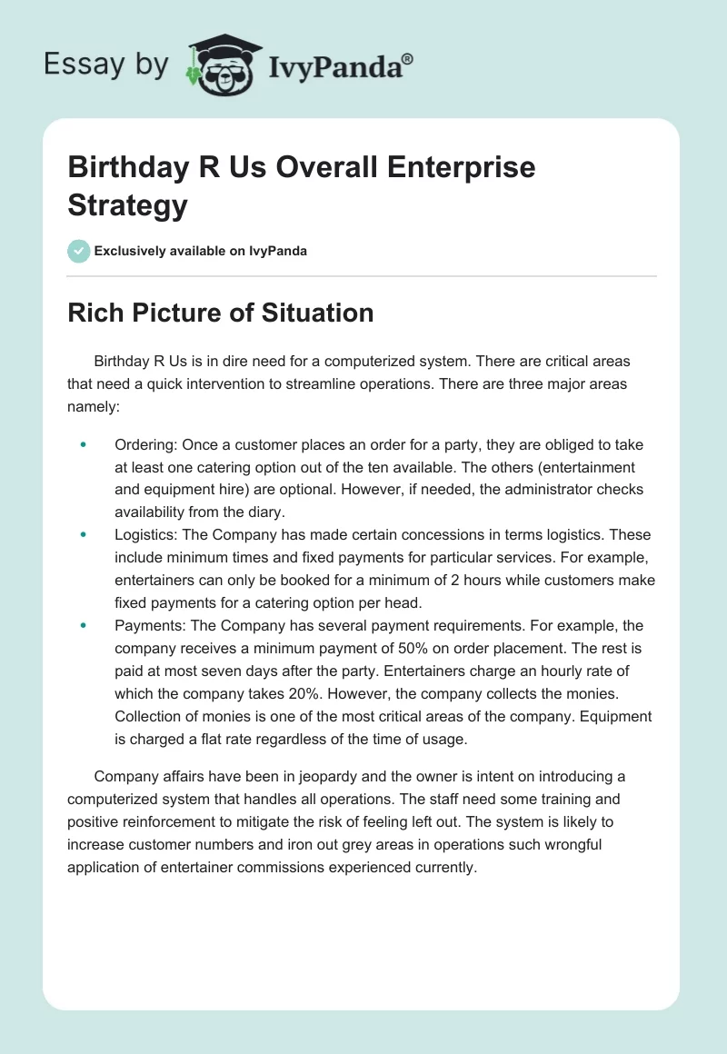 Birthday R Us Overall Enterprise Strategy. Page 1