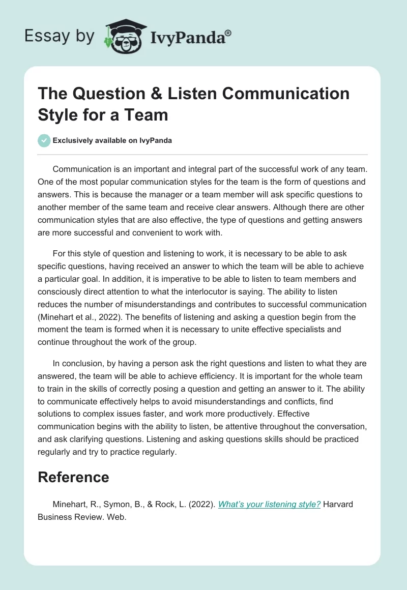 The Question & Listen Communication Style for a Team. Page 1