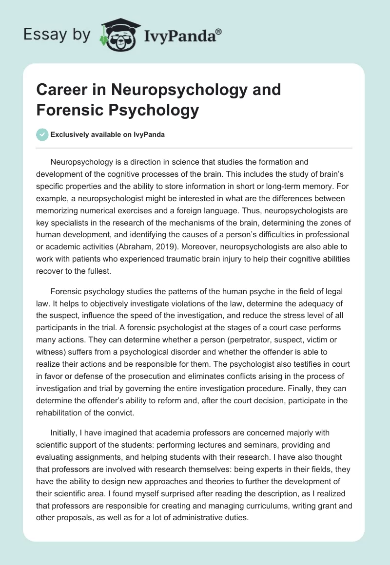 Career in Neuropsychology and Forensic Psychology. Page 1