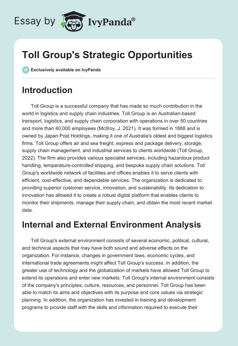 Toll Group's Strategic Opportunities. Page 1