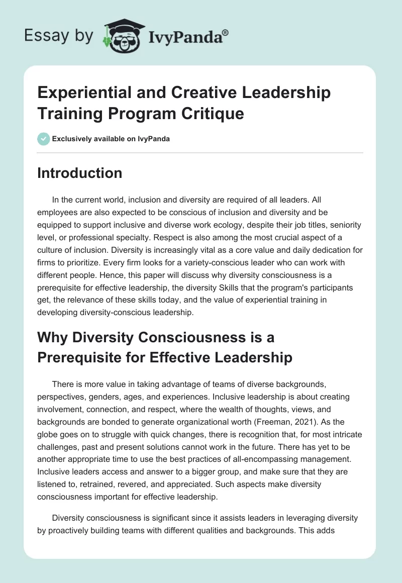 Experiential and Creative Leadership Training Program Critique. Page 1