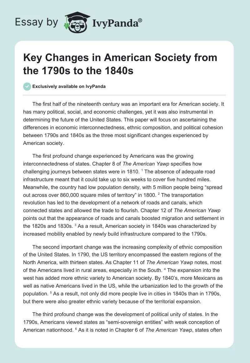Key Changes in American Society from the 1790s to the 1840s. Page 1