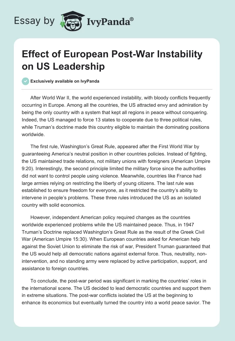 Effect of European Post-War Instability on US Leadership. Page 1