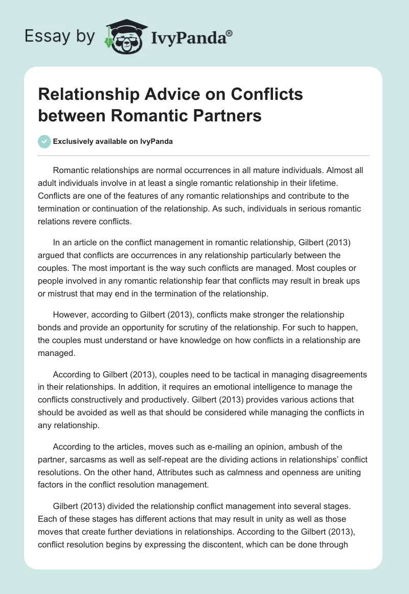 Relationship Advice on Conflicts Between Romantic Partners. Page 1