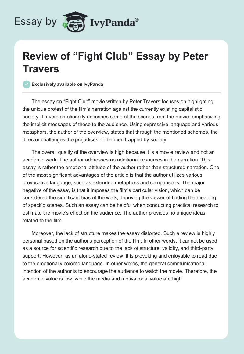Review of “Fight Club” Essay by Peter Travers. Page 1