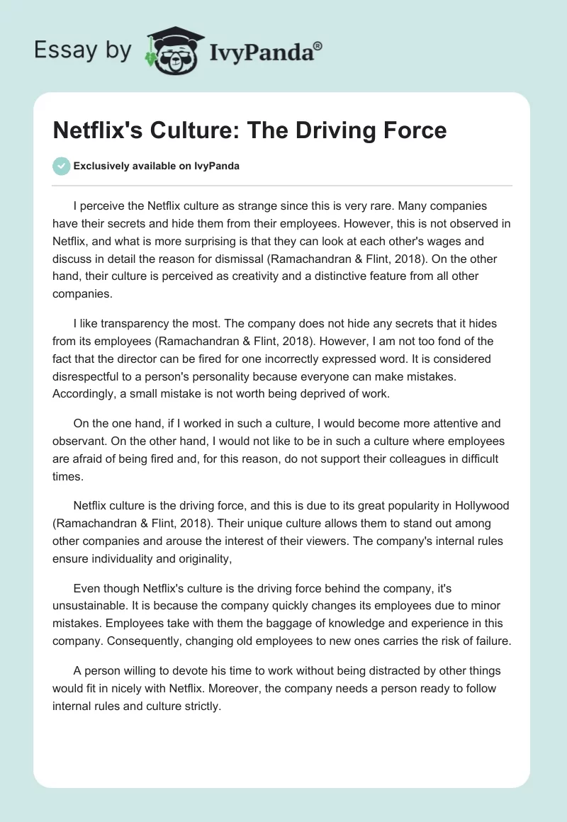 Netflix's Culture: The Driving Force. Page 1