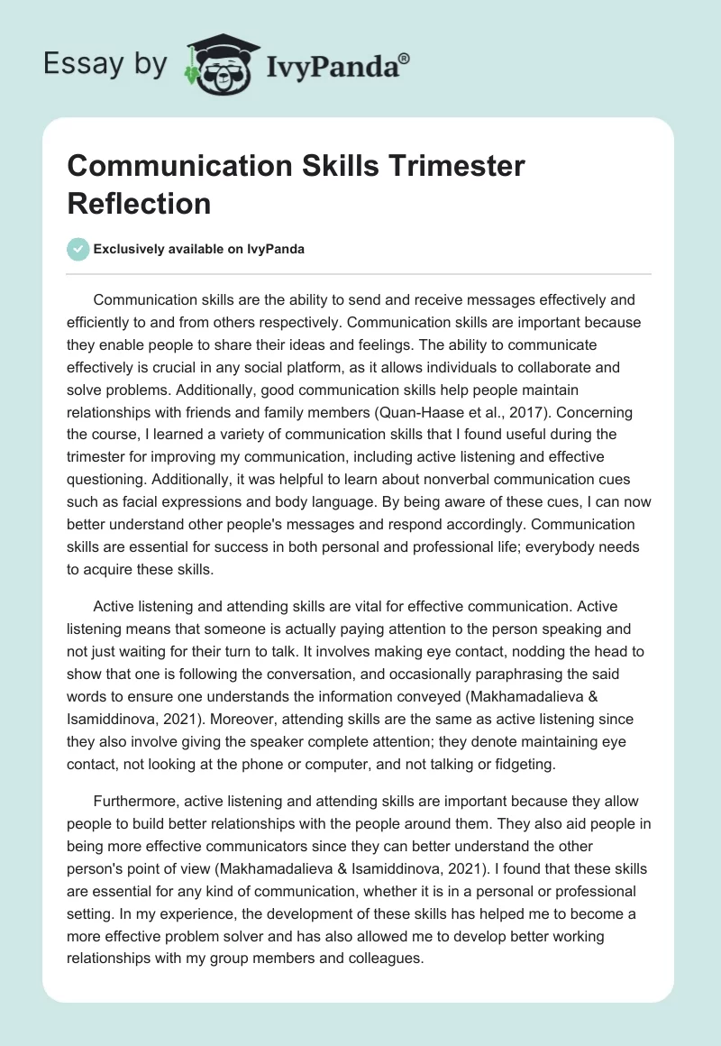 Communication Skills Trimester Reflection. Page 1
