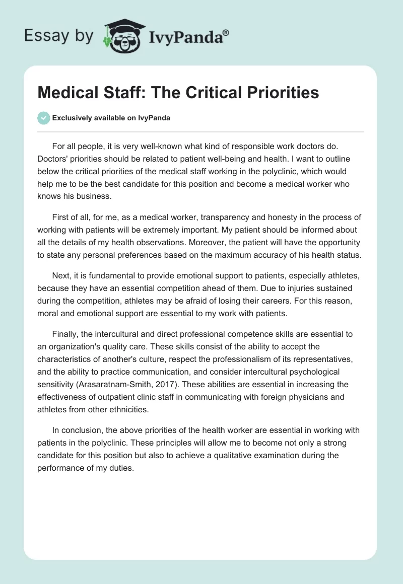 Medical Staff: The Critical Priorities. Page 1