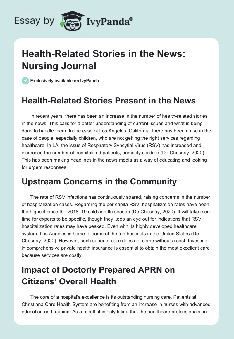 Health-Related Stories in the News: Nursing Journal. Page 1