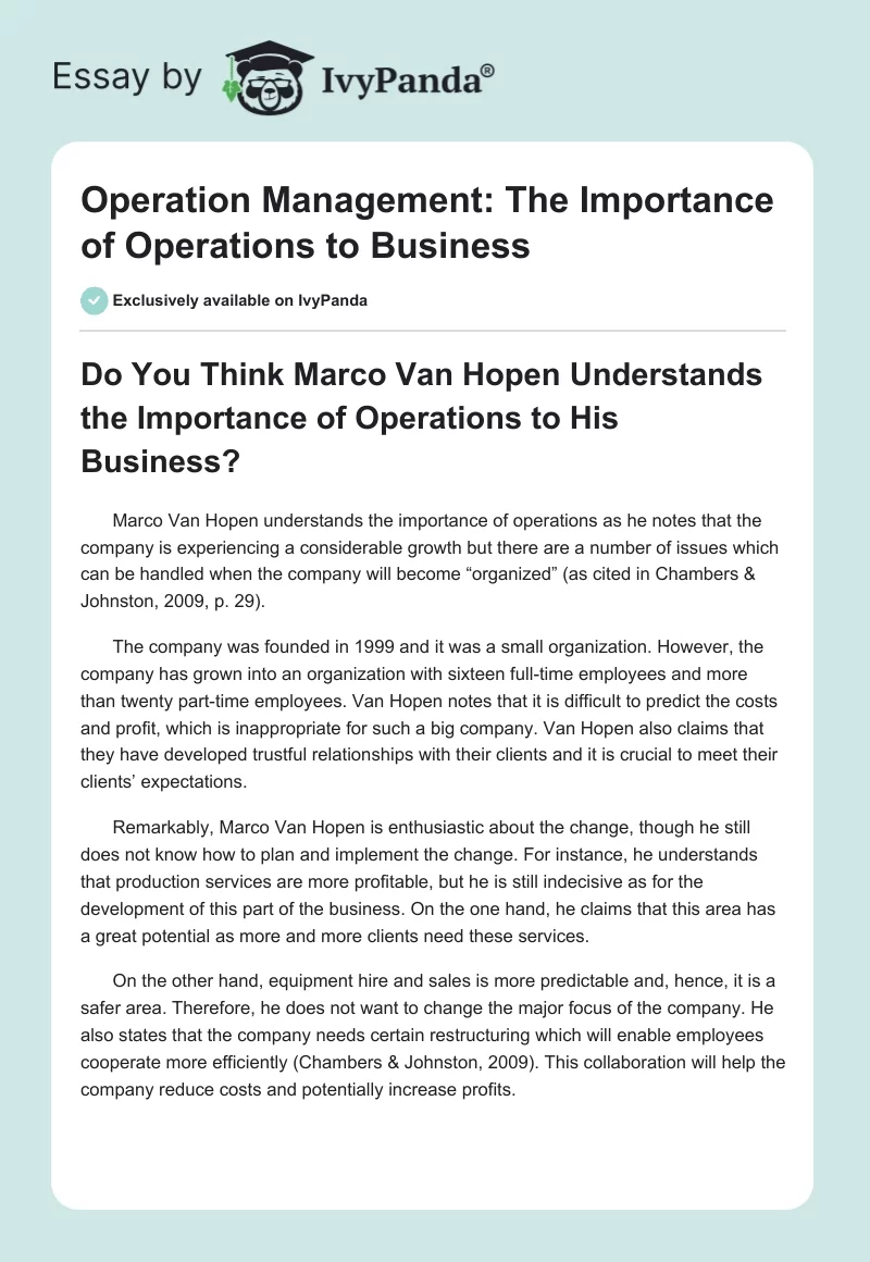 Operation Management: The Importance of Operations to Business. Page 1