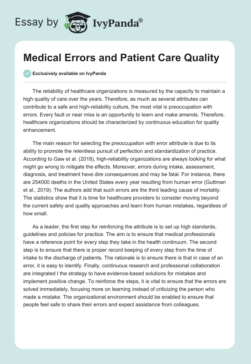 Medical Errors and Patient Care Quality. Page 1