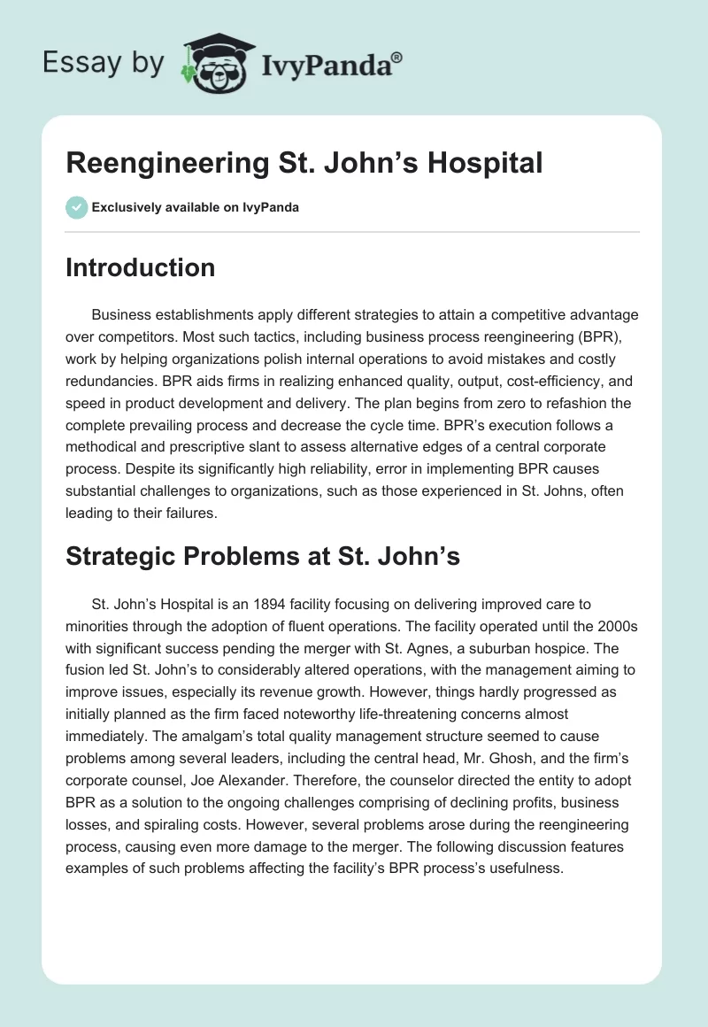 Reengineering St. John’s Hospital. Page 1