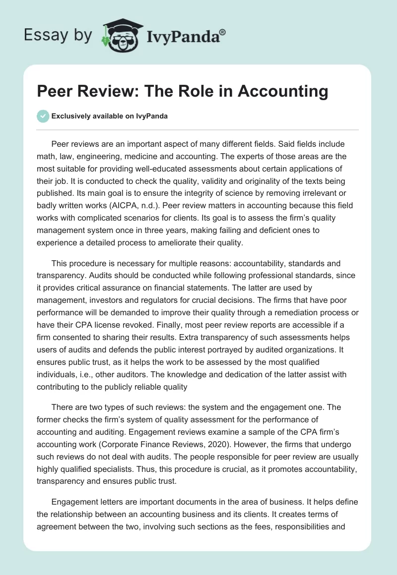Peer Review: The Role in Accounting. Page 1