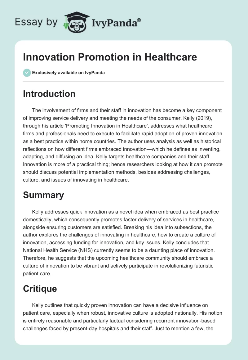 Innovation Promotion in Healthcare. Page 1