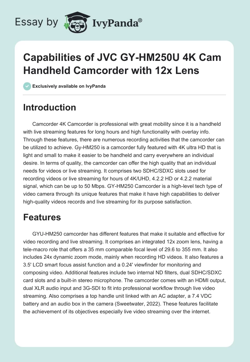 Capabilities of JVC GY-HM250U 4K Cam Handheld Camcorder with 12x Lens. Page 1