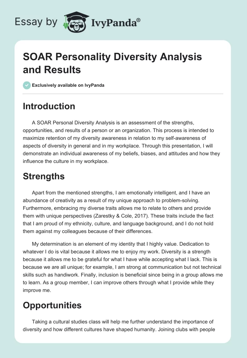 SOAR Personality Diversity Analysis and Results. Page 1