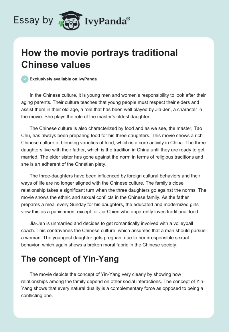 How the Movie Portrays Traditional Chinese Values. Page 1