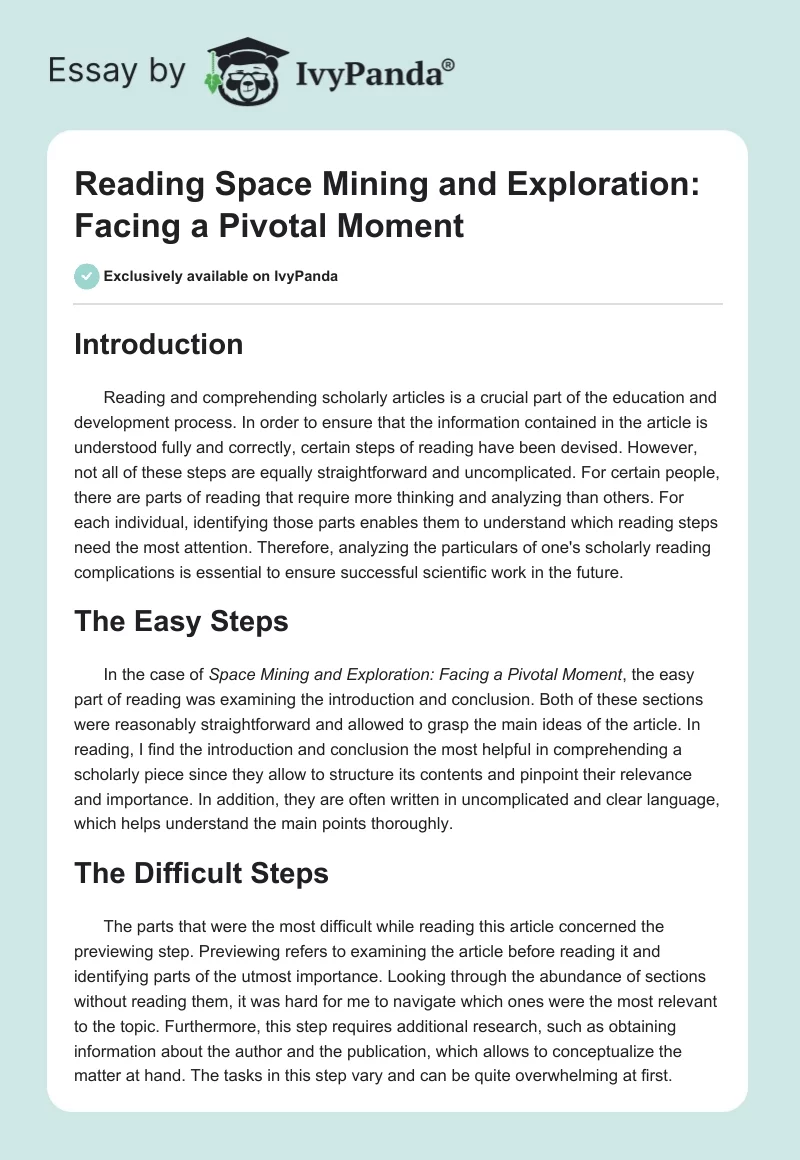 Reading Space Mining and Exploration: Facing a Pivotal Moment. Page 1