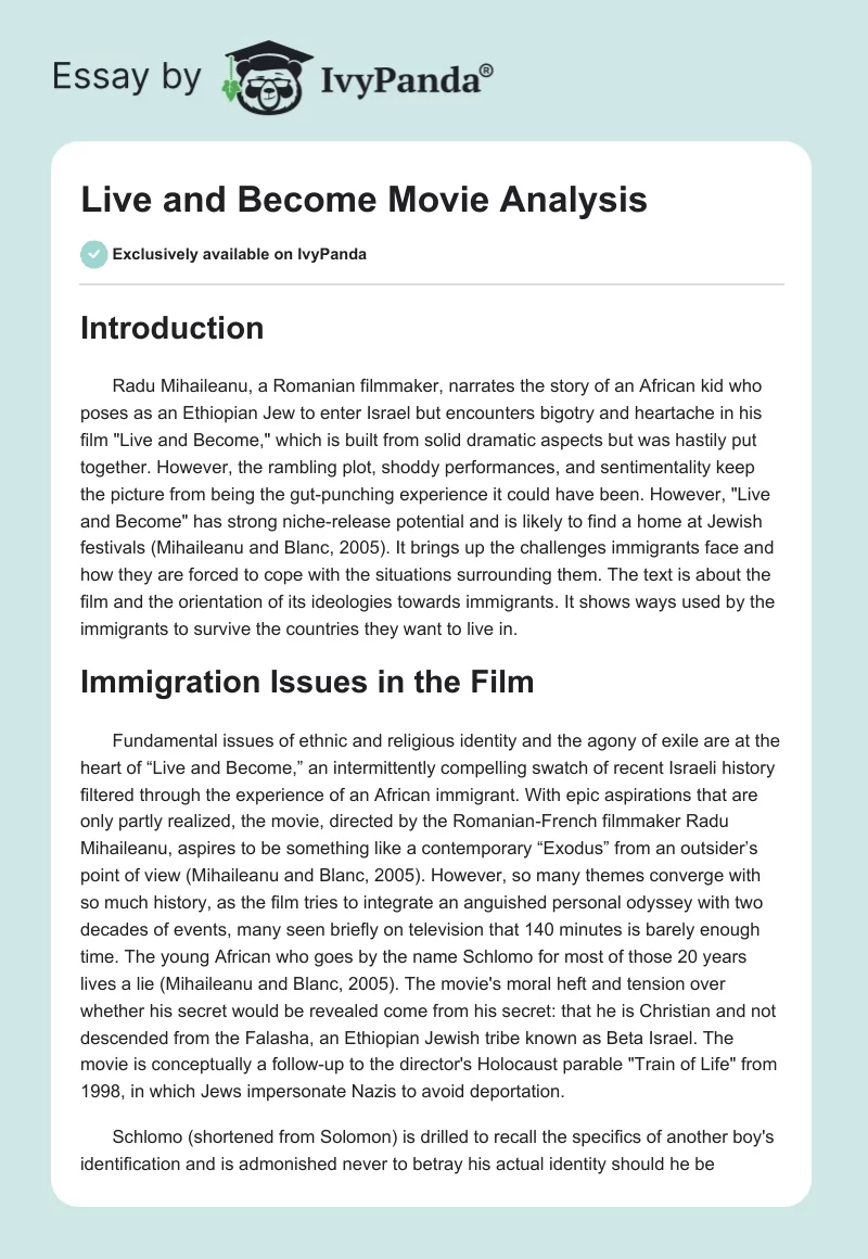 Live and Become Movie Analysis. Page 1