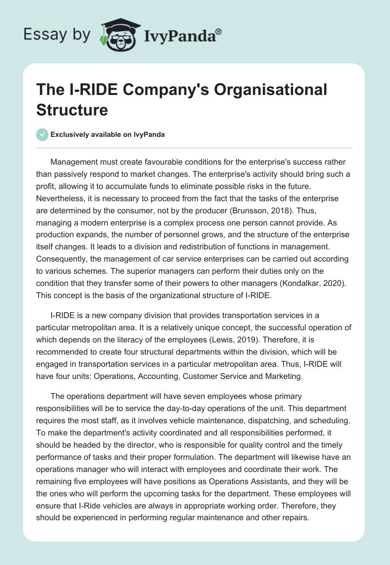The I-RIDE Company's Organisational Structure. Page 1