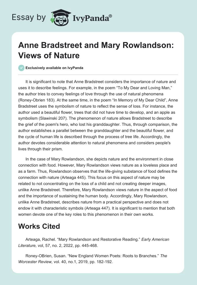 Anne Bradstreet and Mary Rowlandson: Views of Nature. Page 1