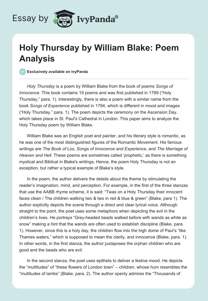 Holy Thursday by William Blake: Poem Analysis. Page 1