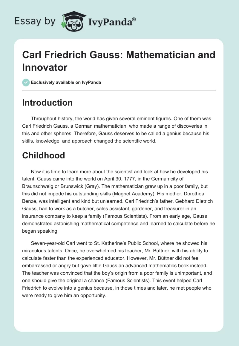 Carl Friedrich Gauss: Mathematician and Innovator. Page 1