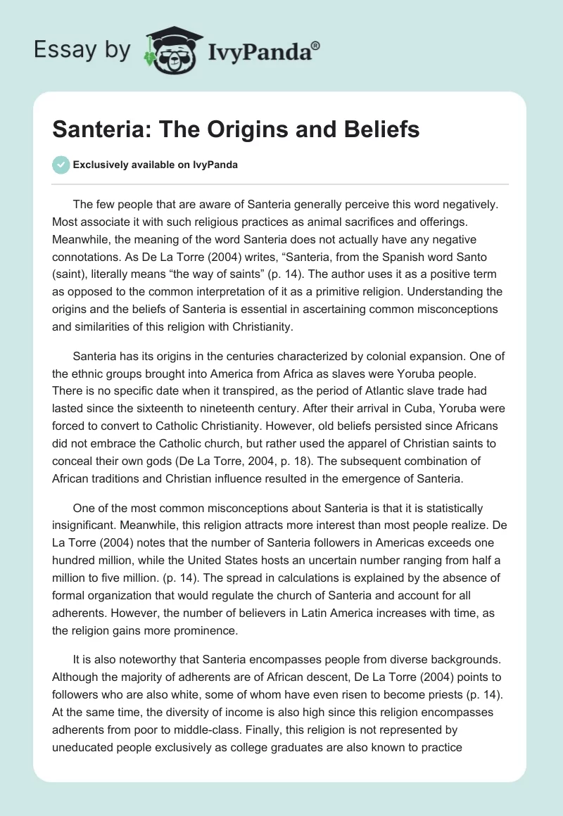 Santeria: The Origins and Beliefs. Page 1