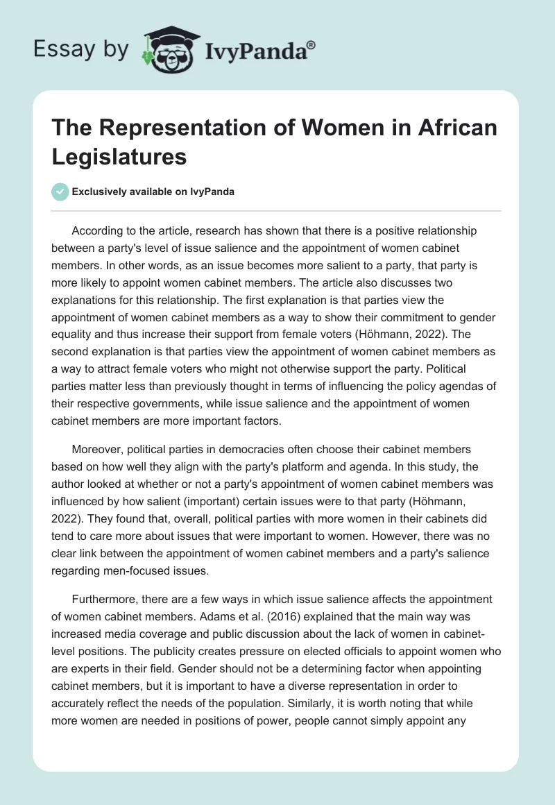 The Representation of Women in African Legislatures. Page 1
