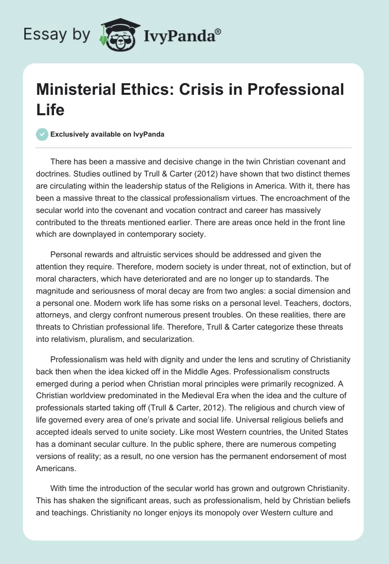 Ministerial Ethics: Crisis in Professional Life. Page 1
