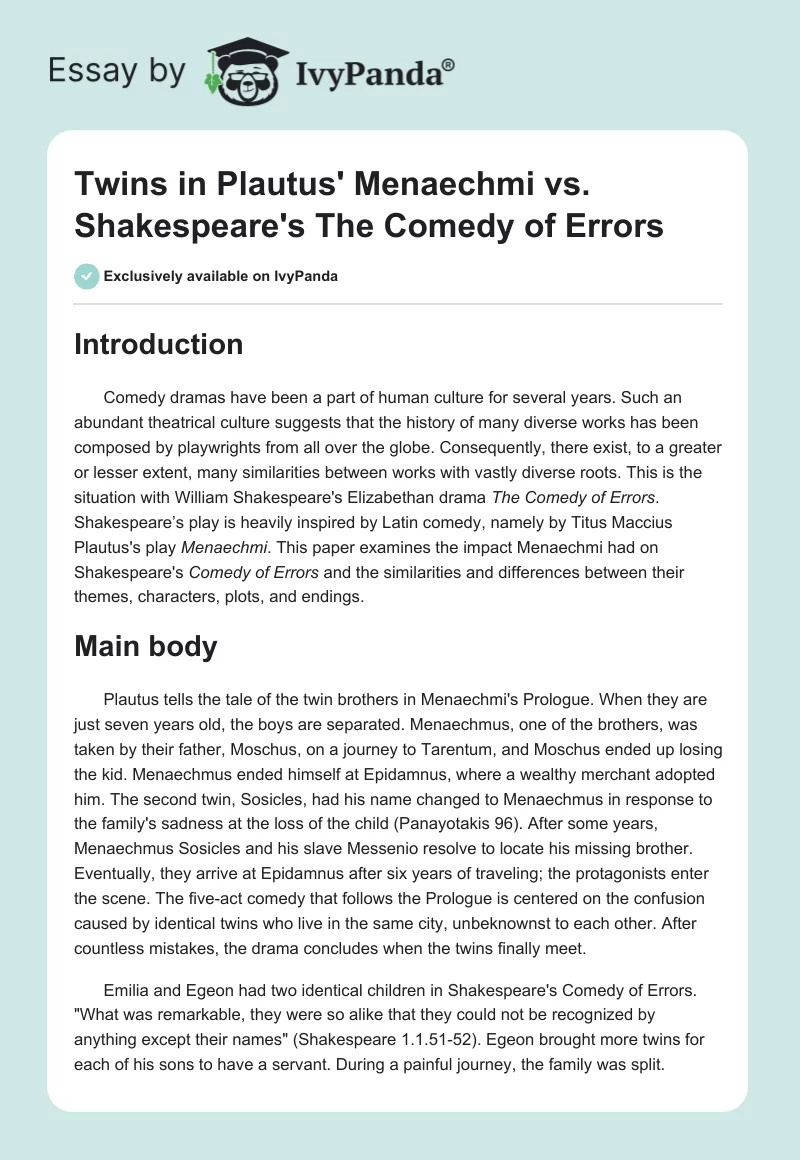 Twins in Plautus' Menaechmi vs. Shakespeare's The Comedy of Errors. Page 1