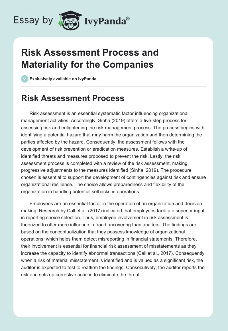 Risk Assessment Process and Materiality for the Companies. Page 1