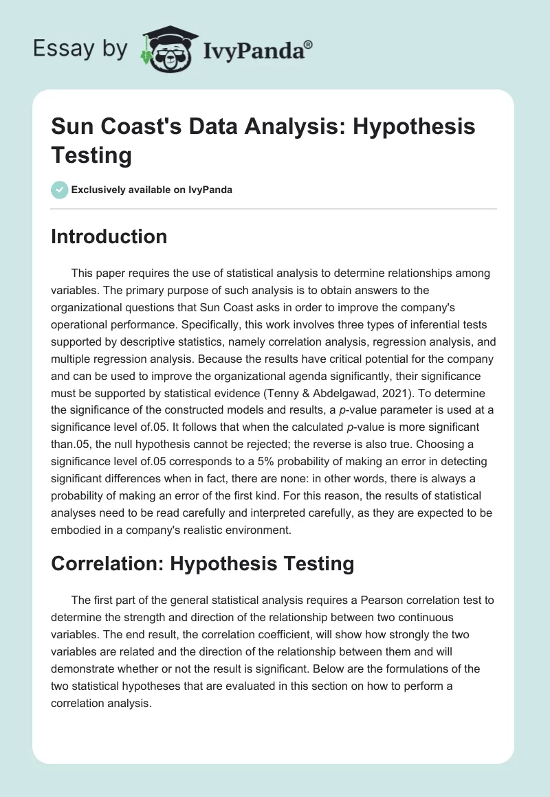 Sun Coast's Data Analysis: Hypothesis Testing. Page 1
