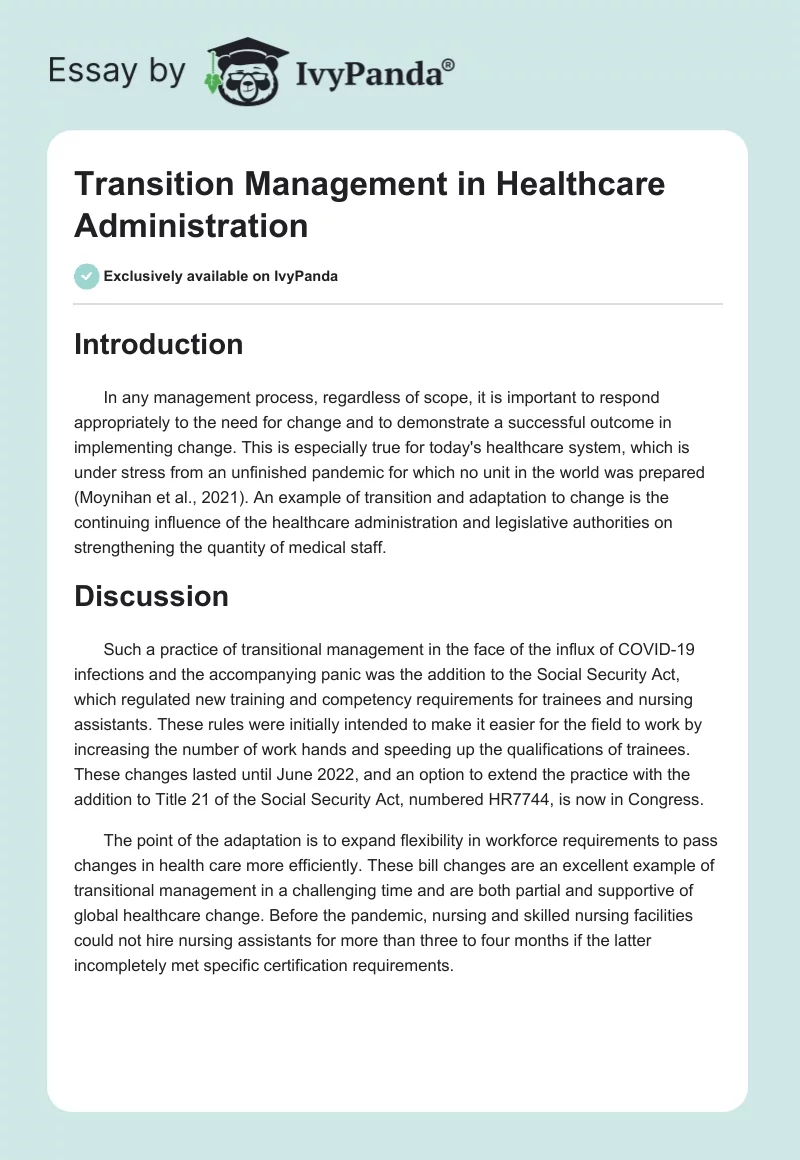 Transition Management in Healthcare Administration. Page 1