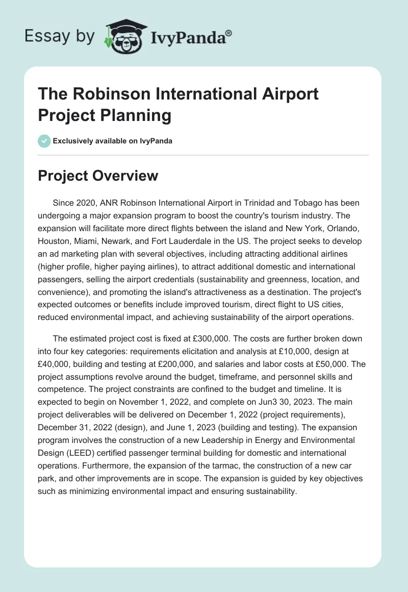 The Robinson International Airport Project Planning. Page 1
