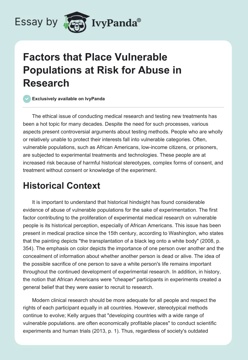 Factors that Place Vulnerable Populations at Risk for Abuse in Research. Page 1