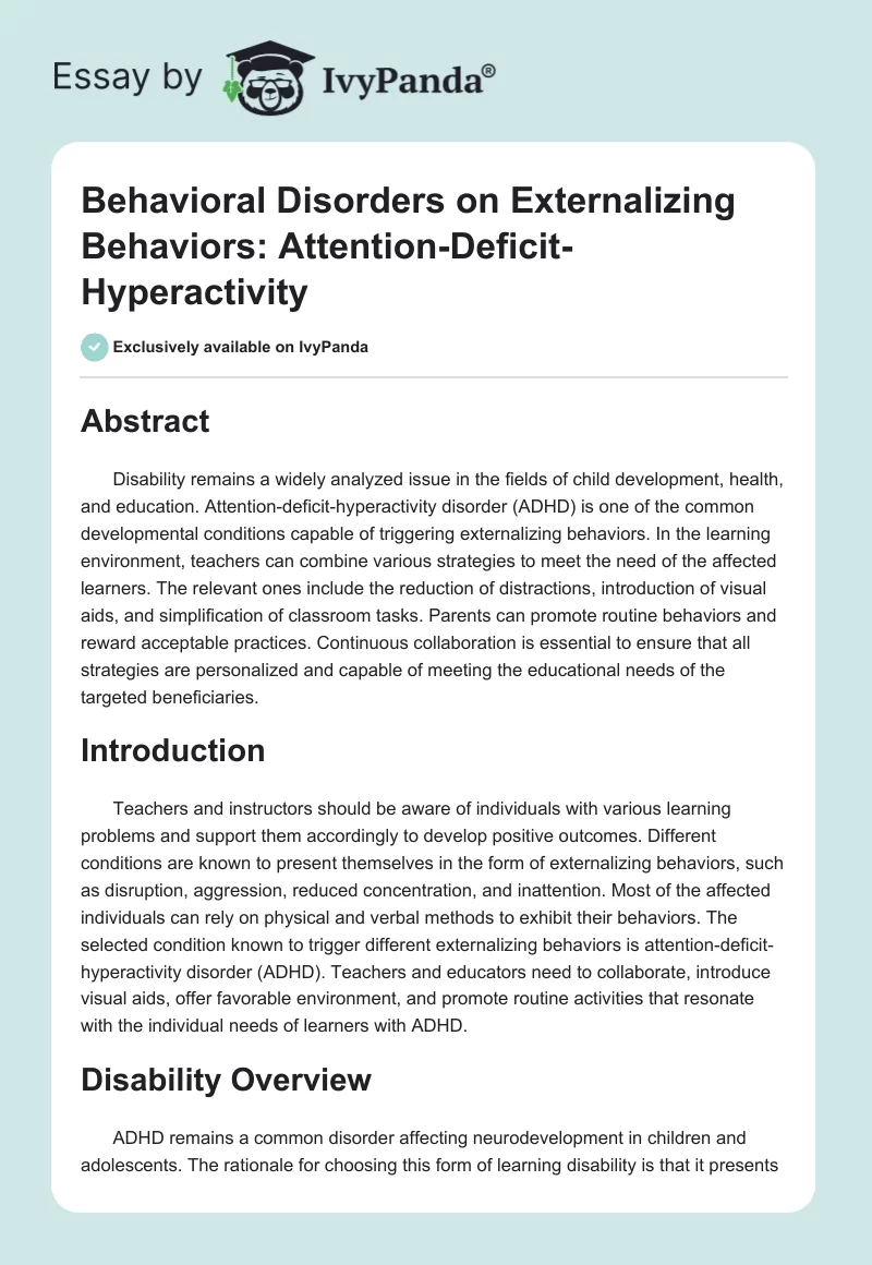Behavioral Disorders on Externalizing Behaviors: Attention-Deficit-Hyperactivity. Page 1
